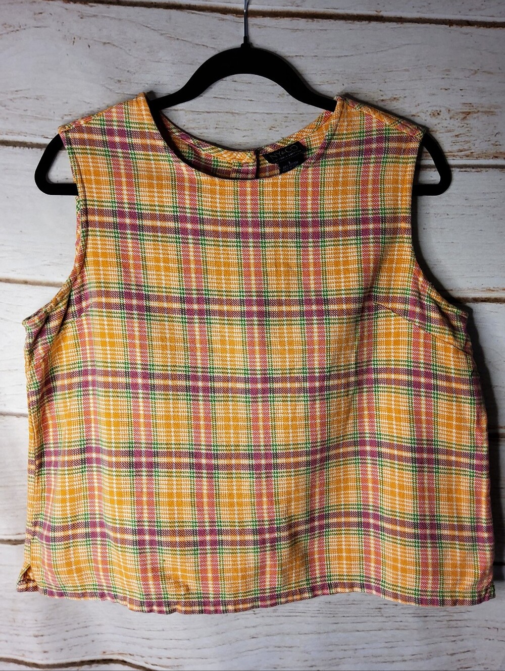 New York & Company Vintage Yellow and Pink Plaid Sleeveless Crop Top